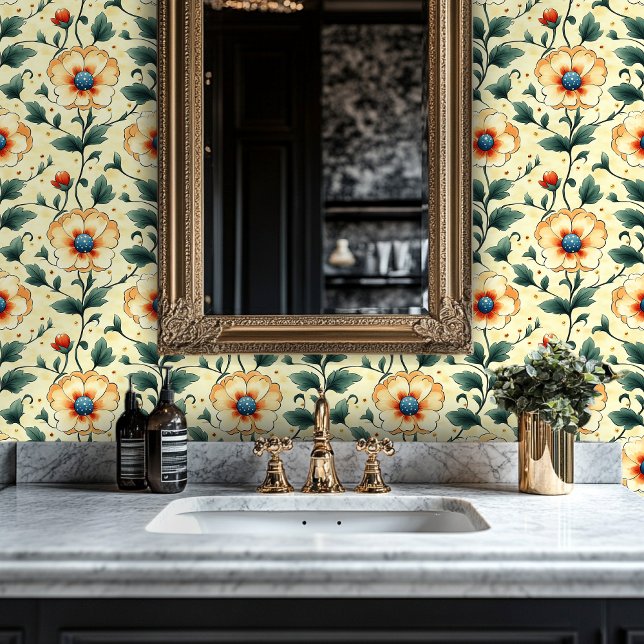 Orange and Green Botanical Design Peel-and-Stick Wallpaper (Creator Uploaded)