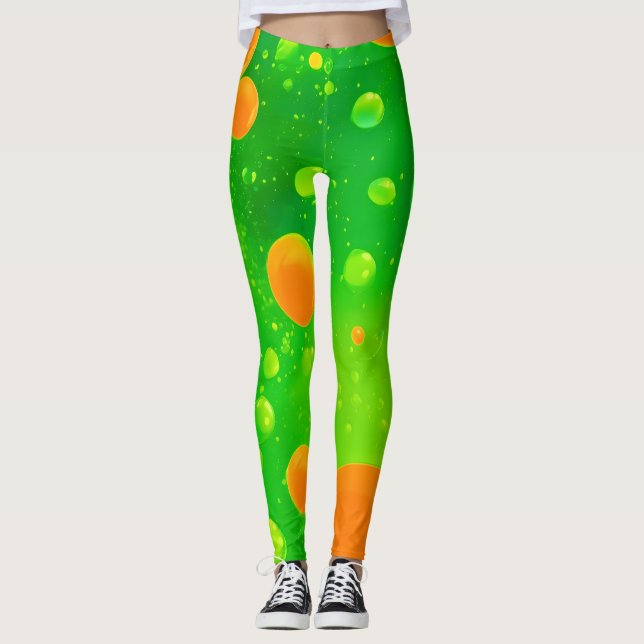 Orange and Green Bubble Abstract Art Leggings (Front)