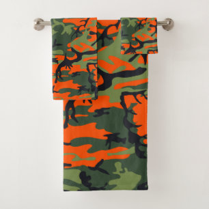 Orange and Green Camouflage, Military, Army Bath Towel Set