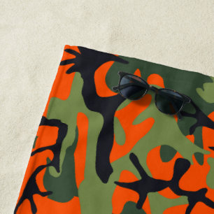Orange and Green Camouflage, Military, Army Beach Towel