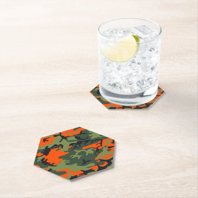 Orange and Green Camouflage, Military, Army Paper Coaster (Insitu)