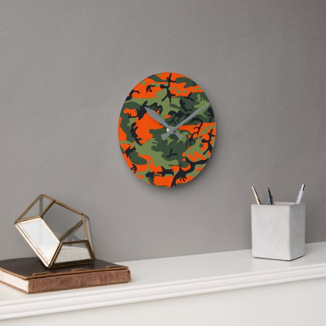 Orange and Green Camouflage, Military, Army Round Clock (Office)