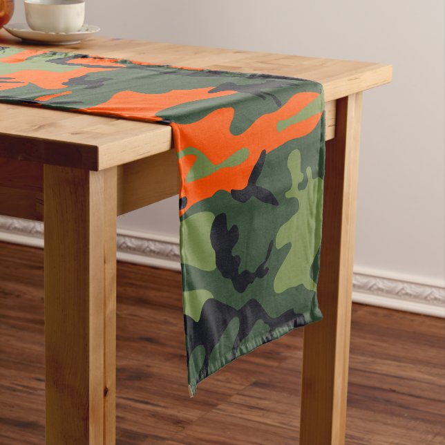 Orange and Green Camouflage, Military, Army Short Table Runner (In Situ)
