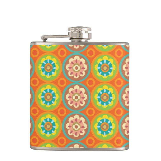 Orange and green flora patterns hip flask (Front)