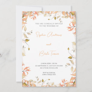 Orange and Green Floral Leaves White Wedding Invitation