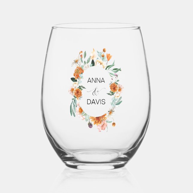 Orange and Green Floral Wedding  Stemless Wine Glass (Front)