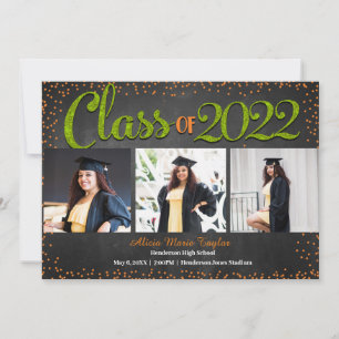 Orange and Green Glitter Photo Graduation Invitation