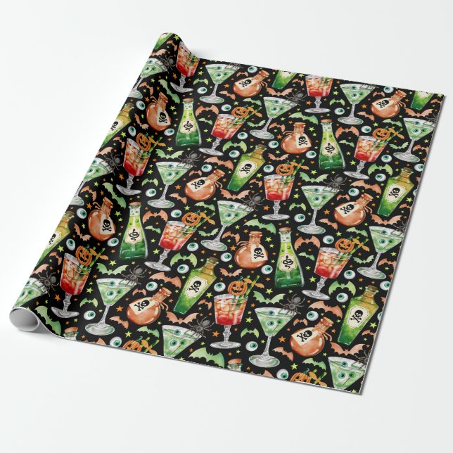 Orange and Green Halloween Cocktails and Potions  Wrapping Paper (Unrolled)