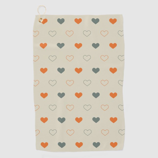 Orange and Green Heart Grid Pattern Golf Towel (Front)