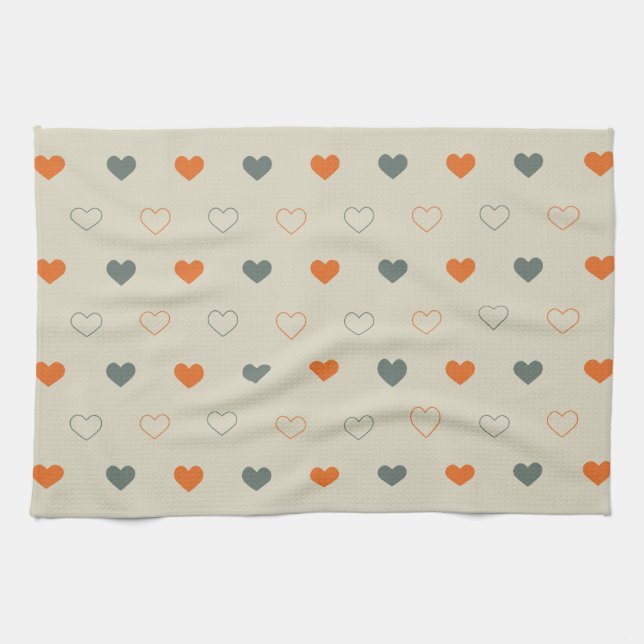 Orange and Green Heart Grid Pattern Kitchen Towel (Horizontal)