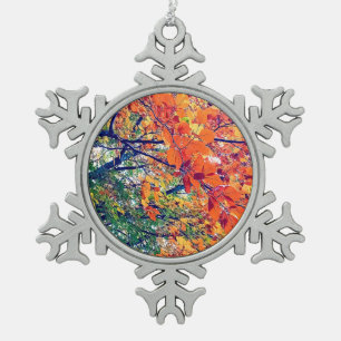 Orange and green leaves snowflake pewter christmas ornament