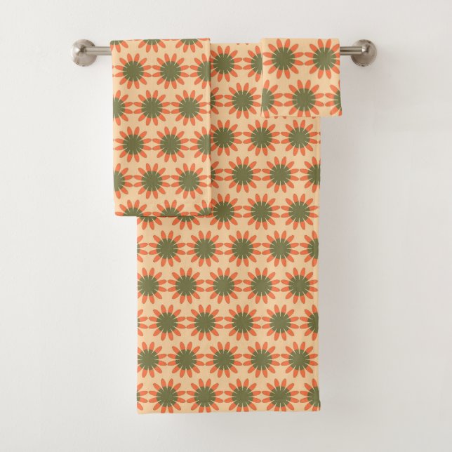 Orange and Green Retro Flower Pattern Bath Towel Set (Insitu)