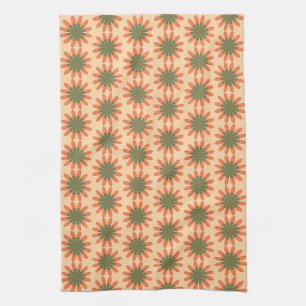 Orange and Green Retro Flower Pattern Kitchen Towel