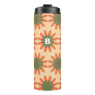 Orange and Green Retro Flower Pattern Monogram Thermal Tumbler