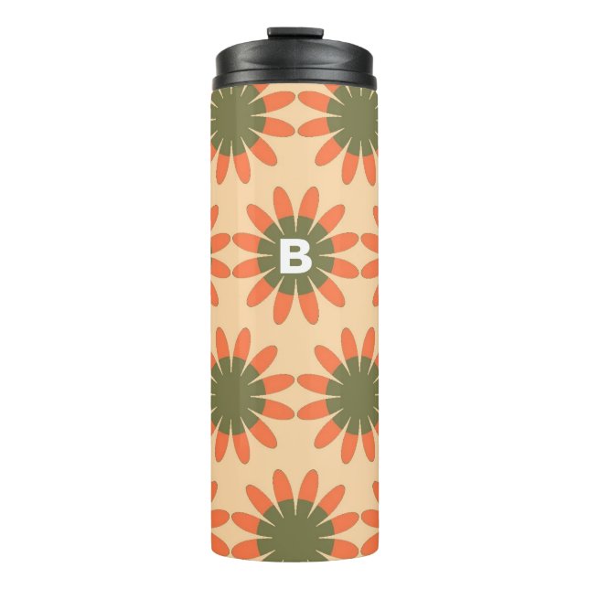 Orange and Green Retro Flower Pattern Monogram Thermal Tumbler (Front)