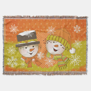 Orange and Green Snowmen Holiday Throw Blanket
