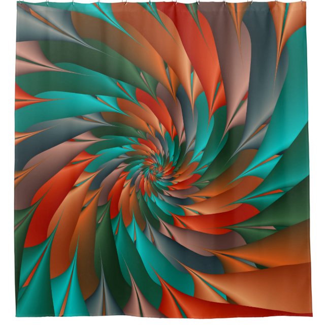 Orange and Green Spiral Fractal Shower Curtain (Front)