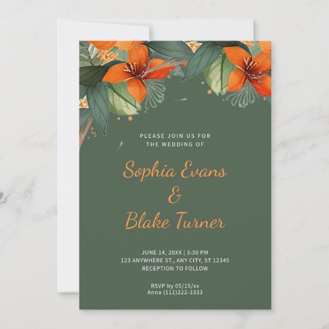 Orange and Green Tropical Floral Green Wedding Invitation (Front)