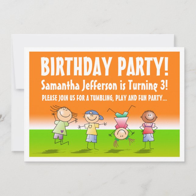 Orange and Green Tumbling Gym Party Invitations (Front)