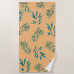 Orange and Green Watercolor Palm Leaves Beach Towel