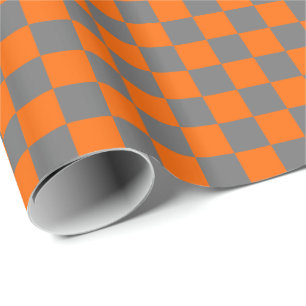 Orange and Grey Chequerboard Squares Wrapping Paper