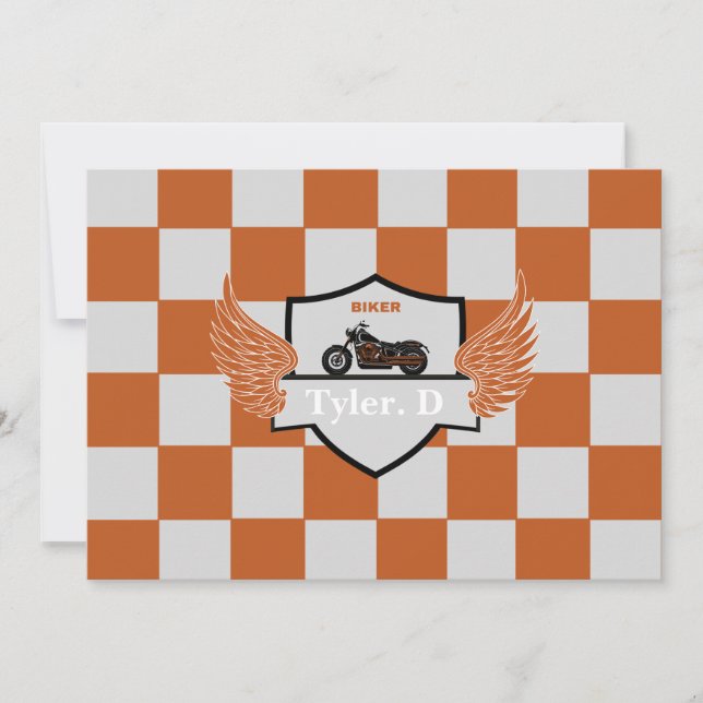 Orange and grey chequered and motorcycle announcement (Front)
