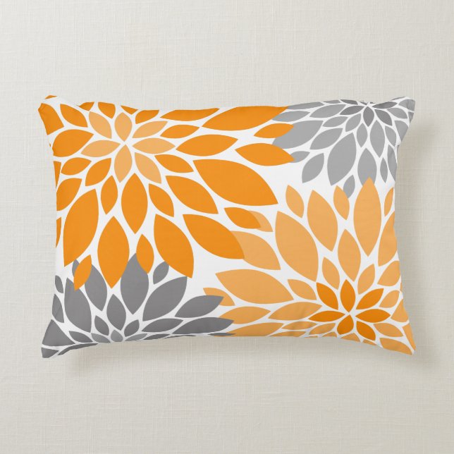 Orange and Grey Chrysanthemums Floral Pattern Accent Pillow (Front)