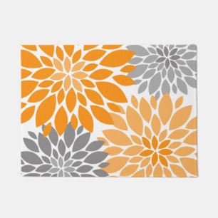 Orange and Grey Chrysanthemums Floral Pattern Doormat