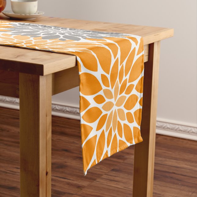 Orange and Grey Chrysanthemums Floral Pattern Short Table Runner (In Situ)