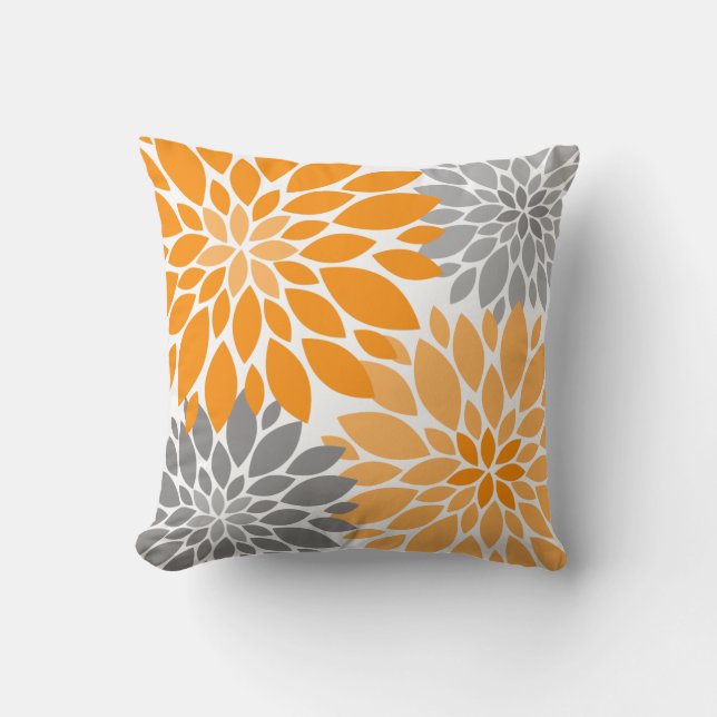 Orange and Grey Chrysanthemums Floral Pattern Throw Pillow (Front)