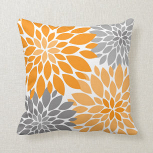 Orange and Grey Chrysanthemums Floral Pattern Throw Pillow