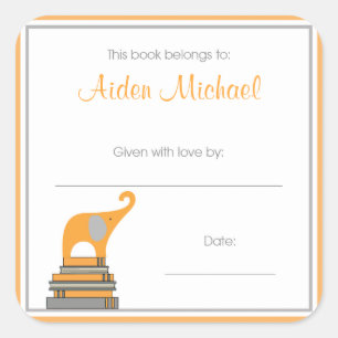 Orange and Grey Elephant Baby Shower Book Plate Square Sticker