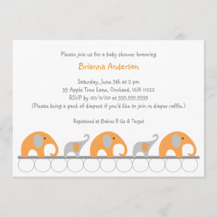 Orange and Grey elephants girl baby shower invite