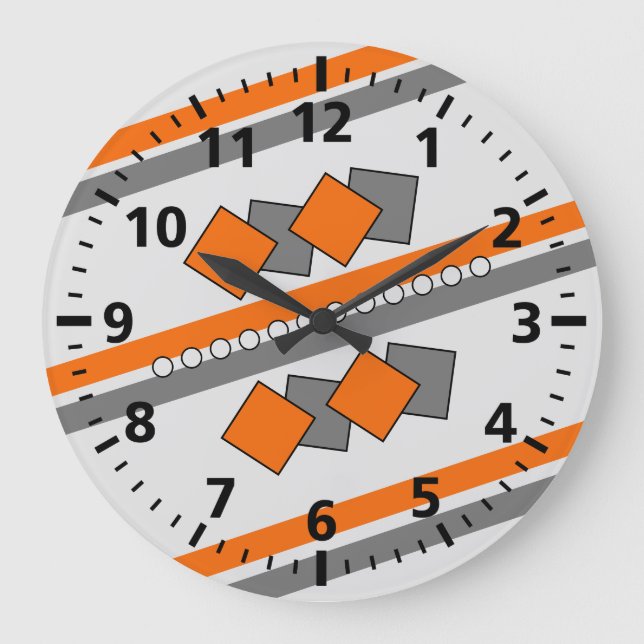 Orange and grey for kids room stripes and squares large clock (Front)