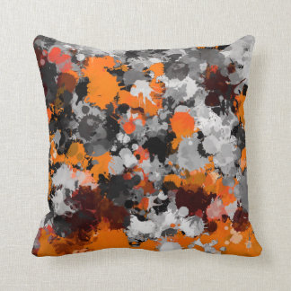Orange and Grey Paint Splatter Throw Pillow