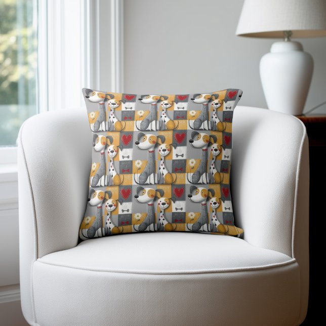 Orange and Grey Patchwork Dog Pattern Throw Pillow (Creator Uploaded)