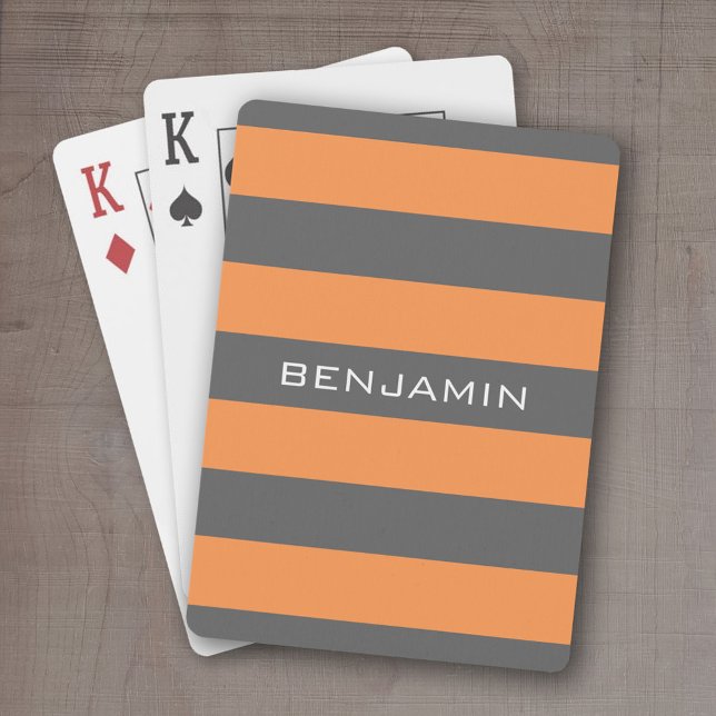 Orange and Grey Rugby Stripes with Custom Name Playing Cards (Personalized playing cards - sporty, preppy stripe pattern with name. Great gift for the guys!)
