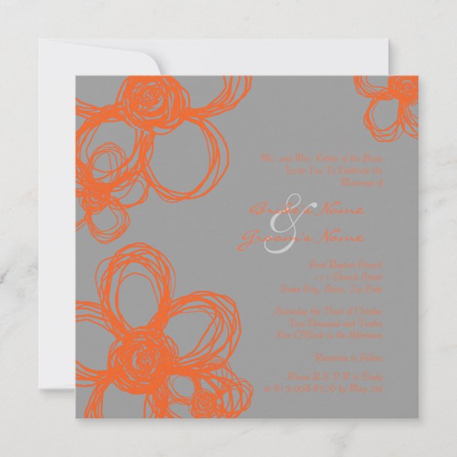 Orange and Grey Wild Flowers Wedding Invitation (Front)