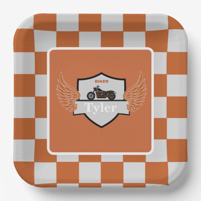 Orange and grey wings chequered and motorcycle paper plate (Front)