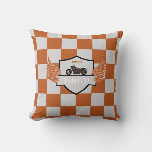 Orange and grey wings chequered motorcycle throw pillow (Front)