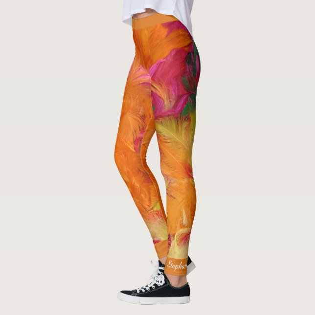 Orange and Hot Pink Feathers, Personalized Name Leggings (Left)