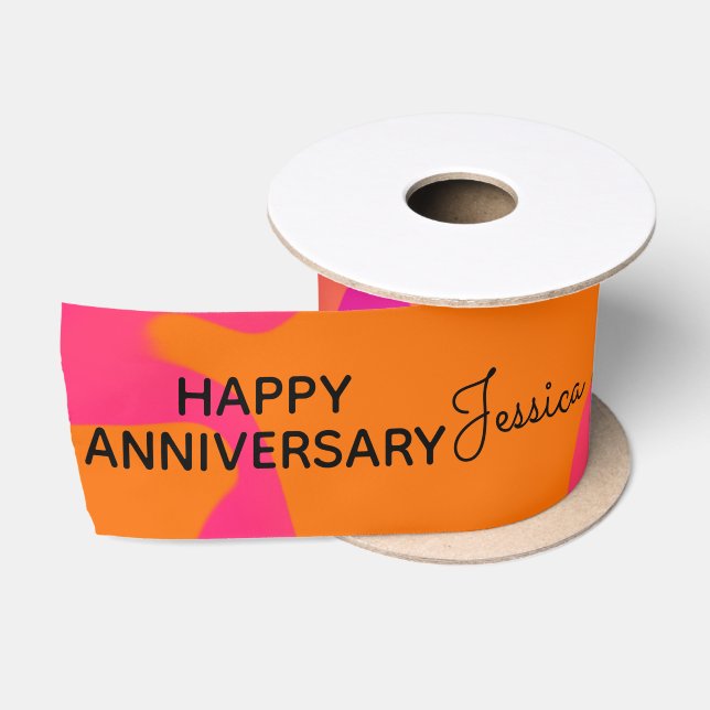 Orange and Hot Pink Gradient Happy Anniversary Satin Ribbon (Spool)