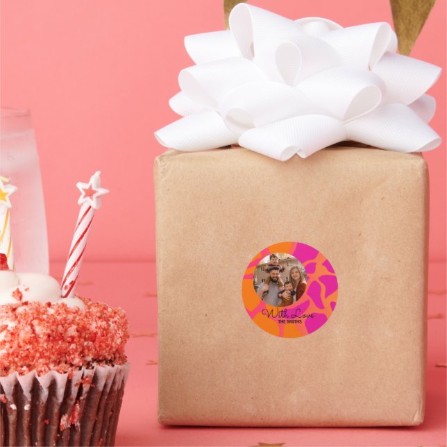 Orange and Hot Pink Gradient With Love Classic Round Sticker (Party)