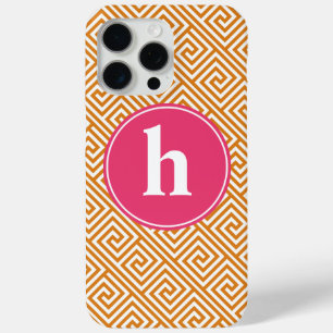 Orange and Hot Pink Greek Key Pattern Monogram iPhone 15 Pro Max Case