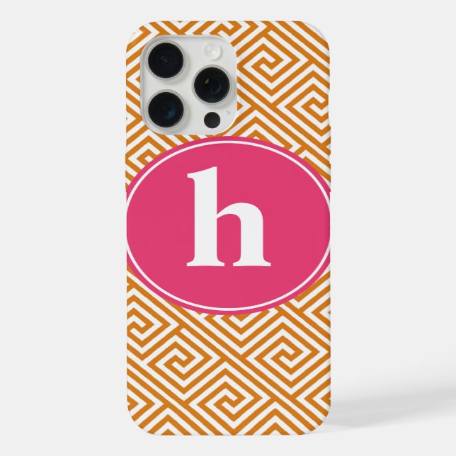 Orange and Hot Pink Greek Key Pattern Monogram iPhone Case (Back)