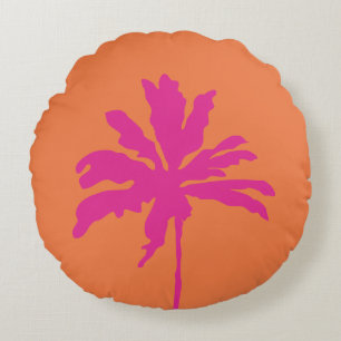 Orange and Hot Pink Modern Tropical Palm Tree  Round Pillow