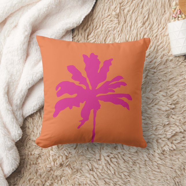 Orange and Hot Pink Modern Tropical Palm Tree  Throw Pillow (Blanket)