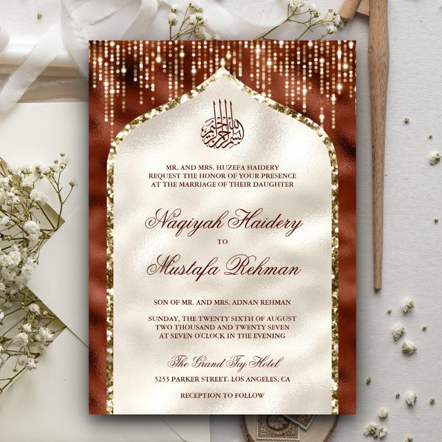 Orange and Ivory Gold Glitter Arch Muslim Wedding Invitation (Creator Uploaded)
