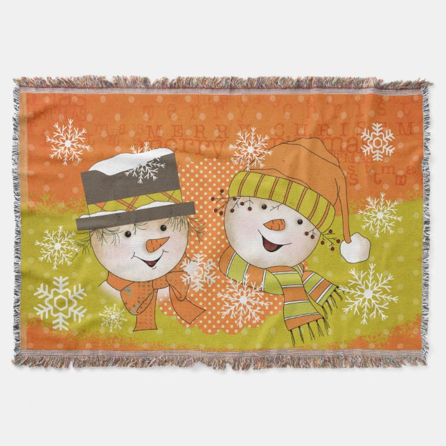 Orange and Mustard Snowmen Holiday Throw (Front)