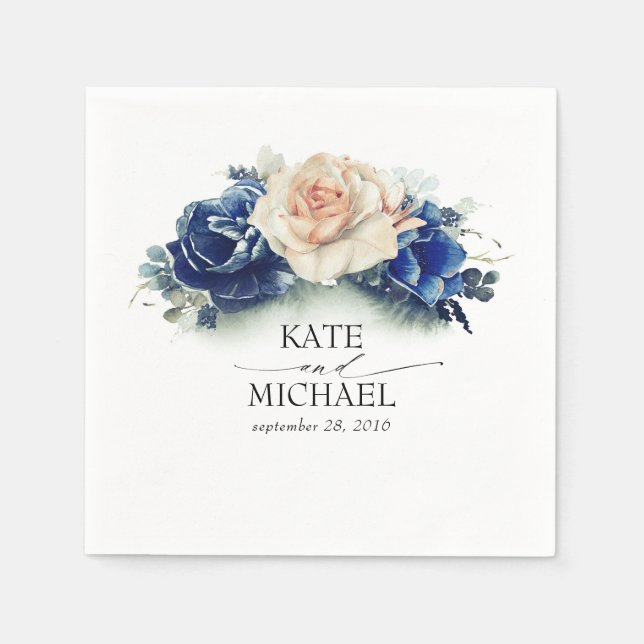 Orange and Navy Blue Floral Wedding Napkin (Front)